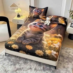 Set Husă de Pat cu Elastic 160x200 cm + 2 Fețe de Pernă 50x70 cm din Bumbac Finet – Pisicuță si Flori 3D, HDF-055
