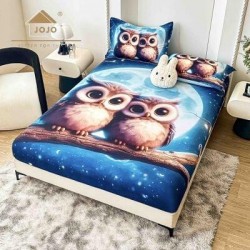 Set Husă de Pat cu Elastic 160x200 cm + 2 Fețe de Pernă 50x70 cm din Bumbac Finet – Bufnițe Drăgălașe 3D, HDF-056