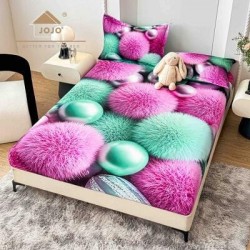Set Husă de Pat cu Elastic 160x200 cm + 2 Fețe de Pernă 50x70 cm din Bumbac Finet – Model Puf Roz și Turcoaz 3D, HDF-057