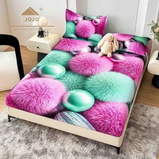 Set Husă de Pat cu Elastic 160x200 cm + 2 Fețe de Pernă 50x70 cm din Bumbac Finet – Model Puf Roz și Turcoaz 3D, HDF-057 Huse Finet 160x200cm