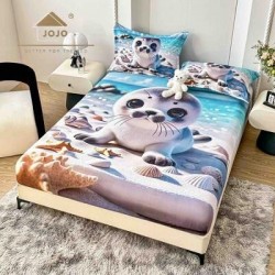 Set Husă de Pat cu Elastic 160x200 cm + 2 Fețe de Pernă 50x70 cm din Bumbac Finet – Model Focă Adorabil 3D, HDF-059