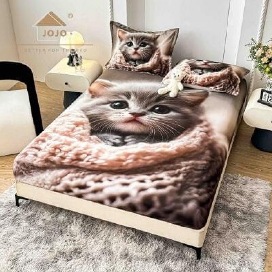 Set Husă de Pat cu Elastic 160x200 cm + 2 Fețe de Pernă 50x70 cm din Bumbac Finet – Model Pisicuță Pufoasă 3D, HDF-060 Huse Finet 160x200cm