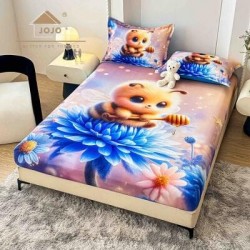 Set Husă de Pat cu Elastic 160x200 cm + 2 Fețe de Pernă 50x70 cm din Bumbac Finet – Albinuță și Flori 3D, HDF-064