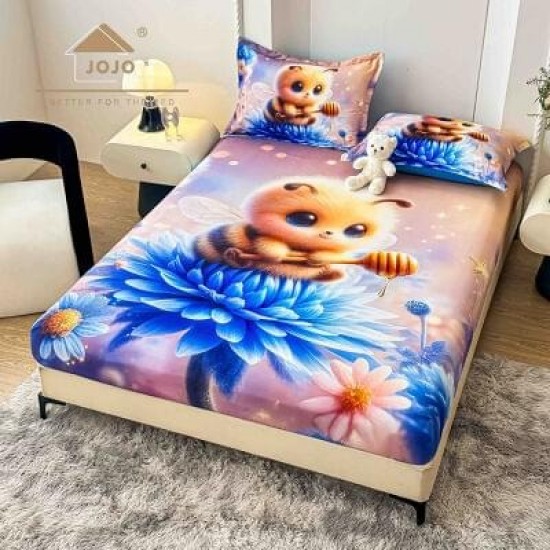 Set Husă de Pat cu Elastic 160x200 cm + 2 Fețe de Pernă 50x70 cm din Bumbac Finet – Albinuță și Flori 3D, HDF-064 Huse Finet 160x200cm