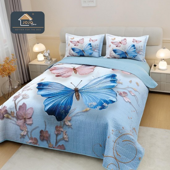 Cuvertură Pat Dublu din Bumbac Finet 3 Piese 220x240 cm + 2 Fețe de Pernă 50x70 cm – Model Fluturi Albaștri, ESC-001 Cuverturi 5 piese finet