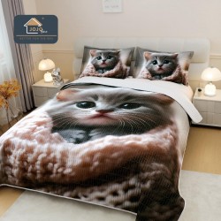 Cuvertură Pat Dublu din Bumbac Finet 3 Piese 220x240 cm + 2 Fețe de Pernă 50x70 cm – Model Pisicuță Pufoasă, ESC-002