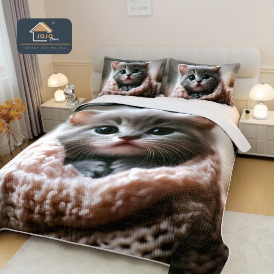 Cuvertură Pat Dublu din Bumbac Finet 3 Piese 220x240 cm + 2 Fețe de Pernă 50x70 cm – Model Pisicuță Pufoasă, ESC-002 Cuverturi 5 piese finet