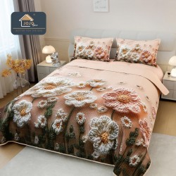 Cuvertură Pat Dublu din Bumbac Finet 3 Piese 220x240 cm + 2 Fețe de Pernă 50x70 cm – Model Flori Brodate Roz, ESC-004