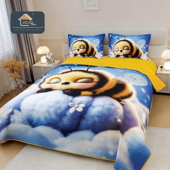 Cuvertură Pat Dublu din Bumbac Finet 3 Piese 220x240 cm + 2 Fețe de Pernă 50x70 cm – Model Albinuță Adormită, ESC-005 Cuverturi 5 piese finet