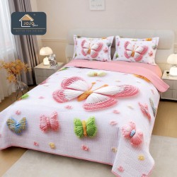 Cuvertură Pat Dublu din Bumbac Finet 3 Piese 220x240 cm + 2 Fețe de Pernă 50x70 cm – Model Fluturi Roz Pastel, ESC-006