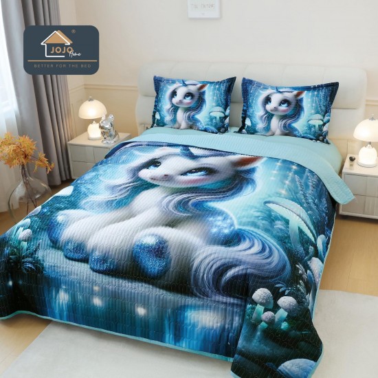 Cuvertură Pat Dublu din Bumbac Finet 3 Piese 220x240 cm + 2 Fețe de Pernă 50x70 cm – Model Unicorn Albastru, ESC-007 Cuverturi 5 piese finet