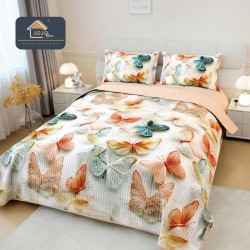 Cuvertură Pat Dublu din Bumbac Finet 3 Piese 220x240 cm + 2 Fețe de Pernă 50x70 cm – Model Fluturi Multicolori, ESC-008