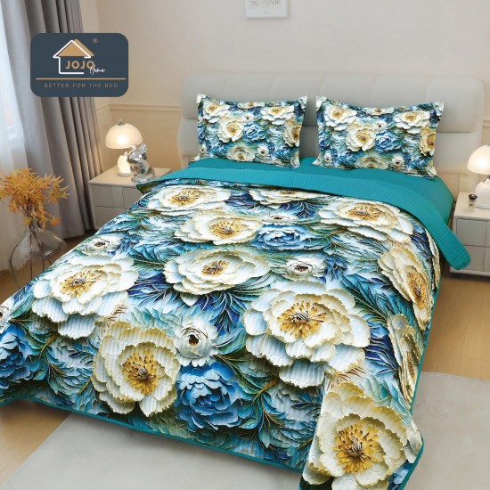 Cuvertură Pat Dublu din Bumbac Finet 3 Piese 220x240 cm + 2 Fețe de Pernă 50x70 cm – Model Flori 3D, ESC-011 Cuverturi 5 piese finet