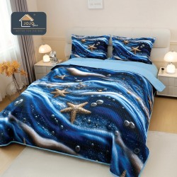 Cuvertură Pat Dublu din Bumbac Finet 3 Piese 220x240 cm + 2 Fețe de Pernă 50x70 cm – Stele de Mare Albastre, ESC-013