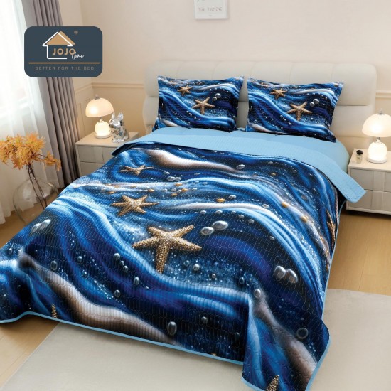 Cuvertură Pat Dublu din Bumbac Finet 3 Piese 220x240 cm + 2 Fețe de Pernă 50x70 cm – Stele de Mare Albastre, ESC-013 Cuverturi 5 piese finet