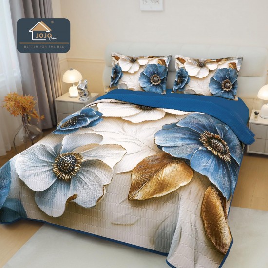 Cuvertură Pat Dublu din Bumbac Finet 3 Piese 220x240 cm + 2 Fețe de Pernă 50x70 cm – Flori Albastre și Frunze, ESC-014 Cuverturi 5 piese finet