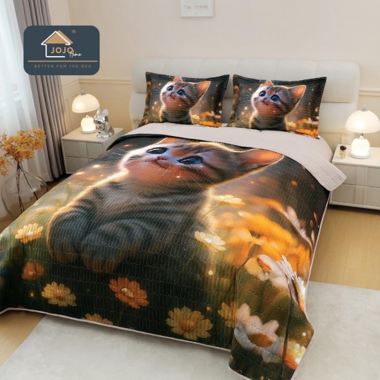 Cuvertură Pat Dublu din Bumbac Finet 3 Piese 220x240 cm + 2 Fețe de Pernă 50x70 cm – Pisicuță Pufoasă, ESC-015 Cuverturi 5 piese finet