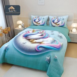 Cuvertură Pat Dublu din Bumbac Finet 3 Piese 220x240 cm + 2 Fețe de Pernă 50x70 cm – Unicorn Adormit Turcoaz, ESC-016