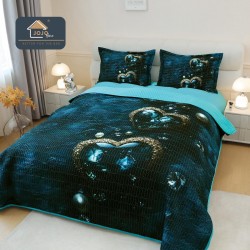 Cuvertură Pat Dublu din Bumbac Finet 3 Piese 220x240 cm + 2 Fețe de Pernă 50x70 cm – Model Inimi Albastre, ESC-017