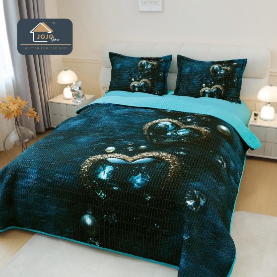 Cuvertură Pat Dublu din Bumbac Finet 3 Piese 220x240 cm + 2 Fețe de Pernă 50x70 cm – Model Inimi Albastre, ESC-017 Cuverturi 5 piese finet
