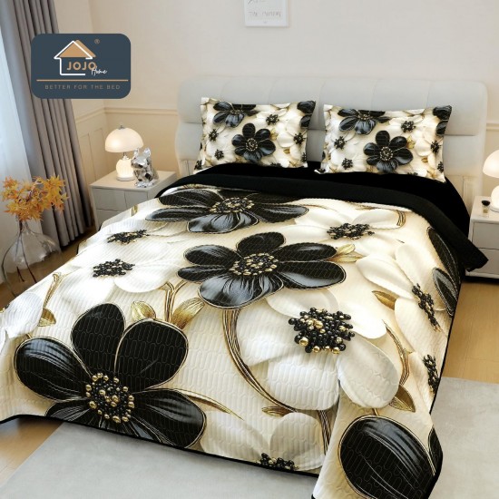 Cuvertură Pat Dublu din Bumbac Finet 3 Piese 220x240 cm + 2 Fețe de Pernă 50x70 cm – Model Flori Alb-Negru, ESC-018 Cuverturi 5 piese finet