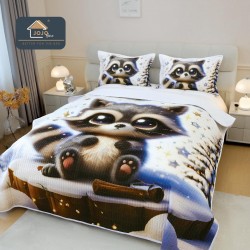 Cuvertură Pat Dublu din Bumbac Finet 3 Piese 220x240 cm + 2 Fețe de Pernă 50x70 cm – Model Raton Adorabil, ESC-020