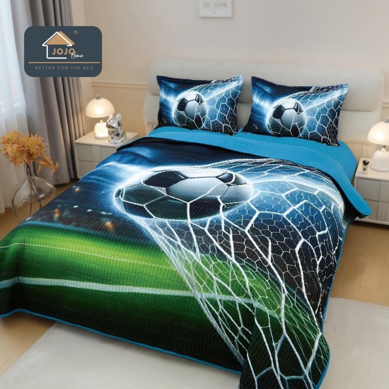 Cuvertură Pat Dublu din Bumbac Finet 3 Piese 220x240 cm + 2 Fețe de Pernă 50x70 cm – Model Minge de Fotbal, ESC-022 Cuverturi 5 piese finet