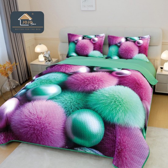 Cuvertură Pat Dublu din Bumbac Finet 3 Piese 220x240 cm + 2 Fețe de Pernă 50x70 cm – Puf Colorat Mov și Turcoaz, ESC-024 Cuverturi 5 piese finet