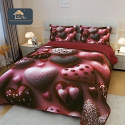 Cuvertură Pat Dublu din Bumbac Finet 3 Piese 220x240 cm + 2 Fețe de Pernă 50x70 cm – Model Inimi Romantice Bordo, ESC-025