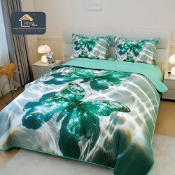 Cuvertură Pat Dublu din Bumbac Finet 3 Piese 220x240 cm + 2 Fețe de Pernă 50x70 cm – Model Fluturi Turcoaz 3D, ESC-027