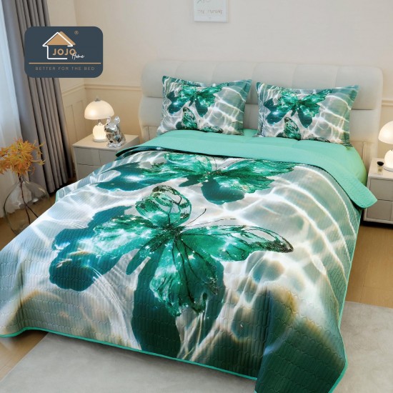Cuvertură Pat Dublu din Bumbac Finet 3 Piese 220x240 cm + 2 Fețe de Pernă 50x70 cm – Model Fluturi Turcoaz 3D, ESC-027 Cuverturi 5 piese finet
