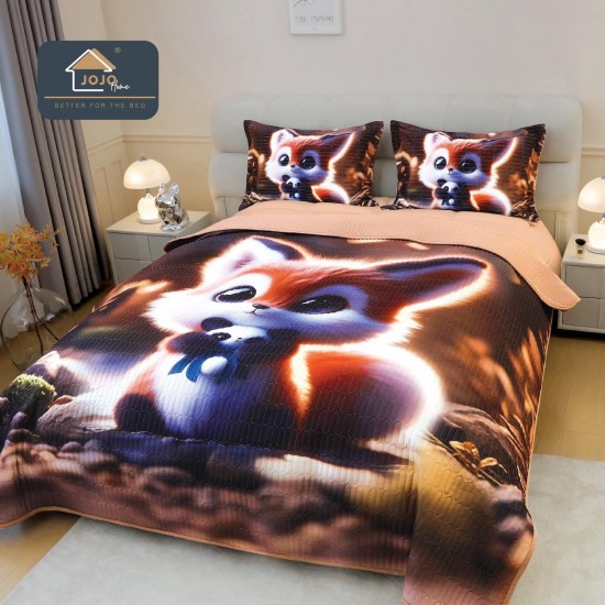 Cuvertură Pat Dublu din Bumbac Finet 3 Piese 220x240 cm + 2 Fețe de Pernă 50x70 cm – Model Vulpiță Adorabilă, ESC-028 Cuverturi 5 piese finet
