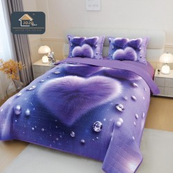 Cuvertură Pat Dublu din Bumbac Finet 3 Piese 220x240 cm + 2 Fețe de Pernă 50x70 cm – Model Inimă Mov cu Cristale, ESC-030