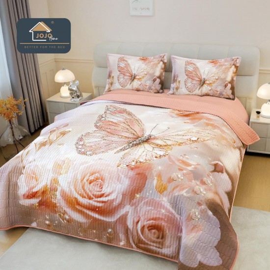 Cuvertură Pat Dublu din Bumbac Finet 3 Piese 220x240 cm + 2 Fețe de Pernă 50x70 cm – Fluture Roz și Trandafiri, ESC-031 Cuverturi 5 piese finet