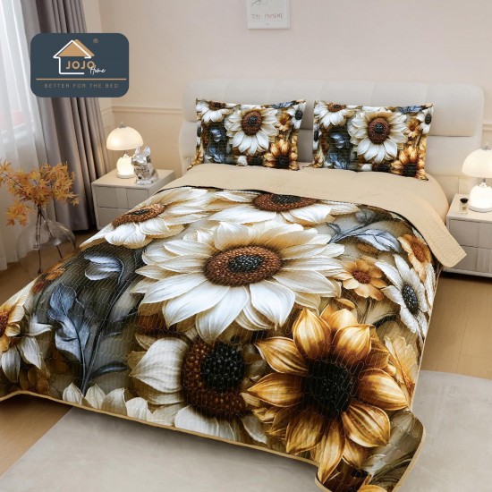 Cuvertură Pat Dublu din Bumbac Finet 3 Piese 220x240 cm + 2 Fețe de Pernă 50x70 cm – Floarea-Soarelui Bej, ESC-033 Cuverturi 5 piese finet