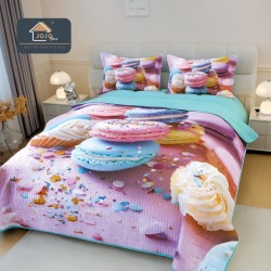 Cuvertură Pat Dublu din Bumbac Finet 3 Piese 220x240 cm + 2 Fețe de Pernă 50x70 cm – Macarons și Brioșe Colorate, ESC-034