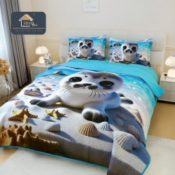 Cuvertură Pat Dublu din Bumbac Finet 3 Piese 220x240 cm + 2 Fețe de Pernă 50x70 cm – Focă pe Plajă, Turcoaz, ESC-035