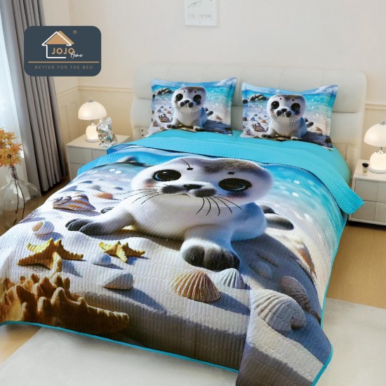 Cuvertură Pat Dublu din Bumbac Finet 3 Piese 220x240 cm + 2 Fețe de Pernă 50x70 cm – Focă pe Plajă, Turcoaz, ESC-035 Cuverturi 5 piese finet