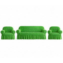 Huse Elastice pentru Canapea 3 Locuri și 2 Fotolii cu Volănașe – Set Complet Universal, Verde Iarbă, HCVF-019