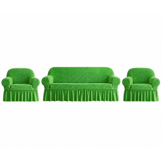 Huse Elastice pentru Canapea 3 Locuri și 2 Fotolii cu Volănașe – Set Complet Universal, Verde Iarbă, HCVF-019 Huse Canapea 3 Locuri plus 2 Huse Fotoliu