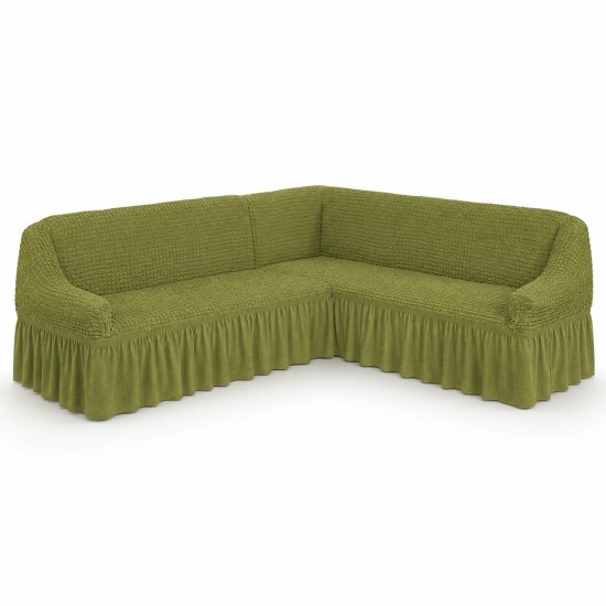 Husă Elastică pentru Colțar cu Volănașe – Husă Universală Extensibilă pentru Canapea de Colț, Verde Olive, COL-001 Huse Coltar Creponat cu Volane