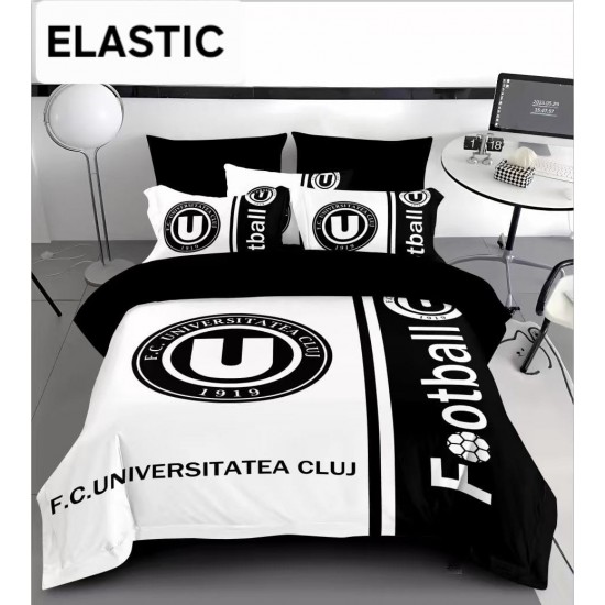 Lenjerie de Pat Dublu 6 Piese Finet cu Elastic – Model Universitatea Cluj (U Cluj), Cearșaf cu Elastic, LUC-007 Lenjerii de pat cu echipe de fotbal