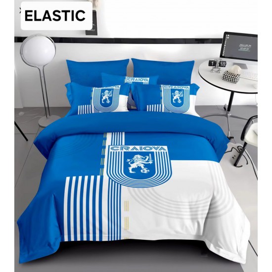 Lenjerie de Pat Dublu 6 Piese Finet cu Elastic – Model Universitatea Craiova, Cearșaf cu Elastic, LUC-008 Lenjerii de pat cu echipe de fotbal