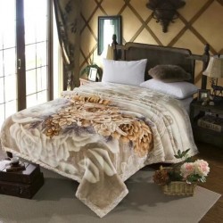 Pătură Cocolino Pufoasă pentru Pat Dublu 200x230 cm – Model Floral Bej, Groasă și Catifelată, PCM-059