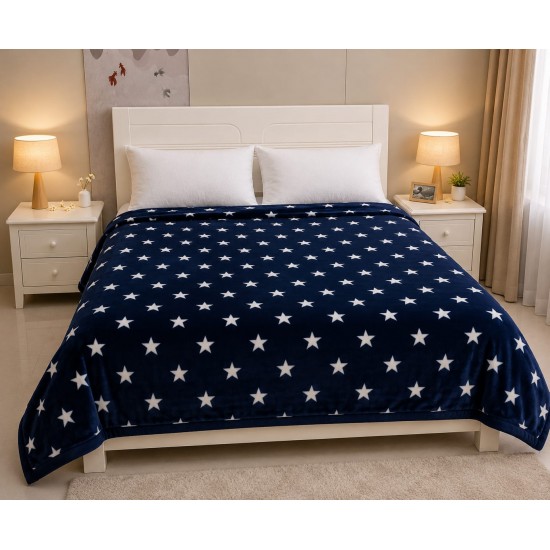Pătură Cocolino Pufoasă pentru Pat Dublu 200x230 cm – Model Stele Albe pe Fundal Bleumarin, Groasă și Călduroasă, PCM-060 Paturi cocolino duble