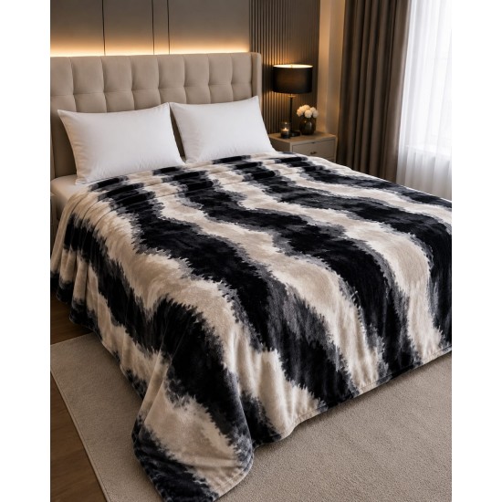 Pătură Cocolino Pufoasă pentru Pat Dublu 200x230 cm – Model Zebra Bej-Negru, Groasă și Catifelată, PCM-063 Paturi cocolino duble