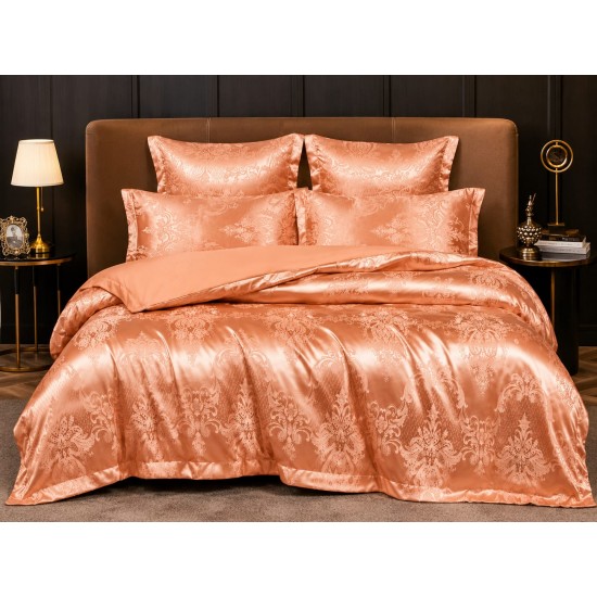 Set Lenjerie de Pat Dublu 6 Piese Satin Jacquard Somon Elegant – Model Premium Lux, LDJ-051 Lenjerii Jacquard cu Finet