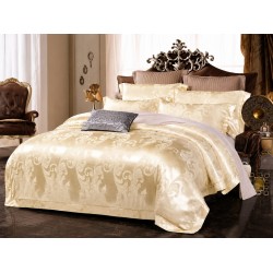 Set Lenjerie de Pat Dublu 6 Piese Satin Jacquard Crem Șampanie – Model Elegant Clasic Premium, LDJ-052