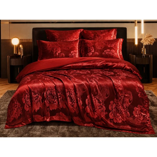 Set Lenjerie de Pat Dublu 6 Piese Satin Jacquard Bordo – Model Floral Elegant, LDJ-053 Lenjerii Jacquard cu Finet