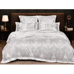 Set Lenjerie de Pat Dublu 6 Piese Satin Jacquard – Model Baroc Argintiu, Elegant și Luxos, LDJ-054